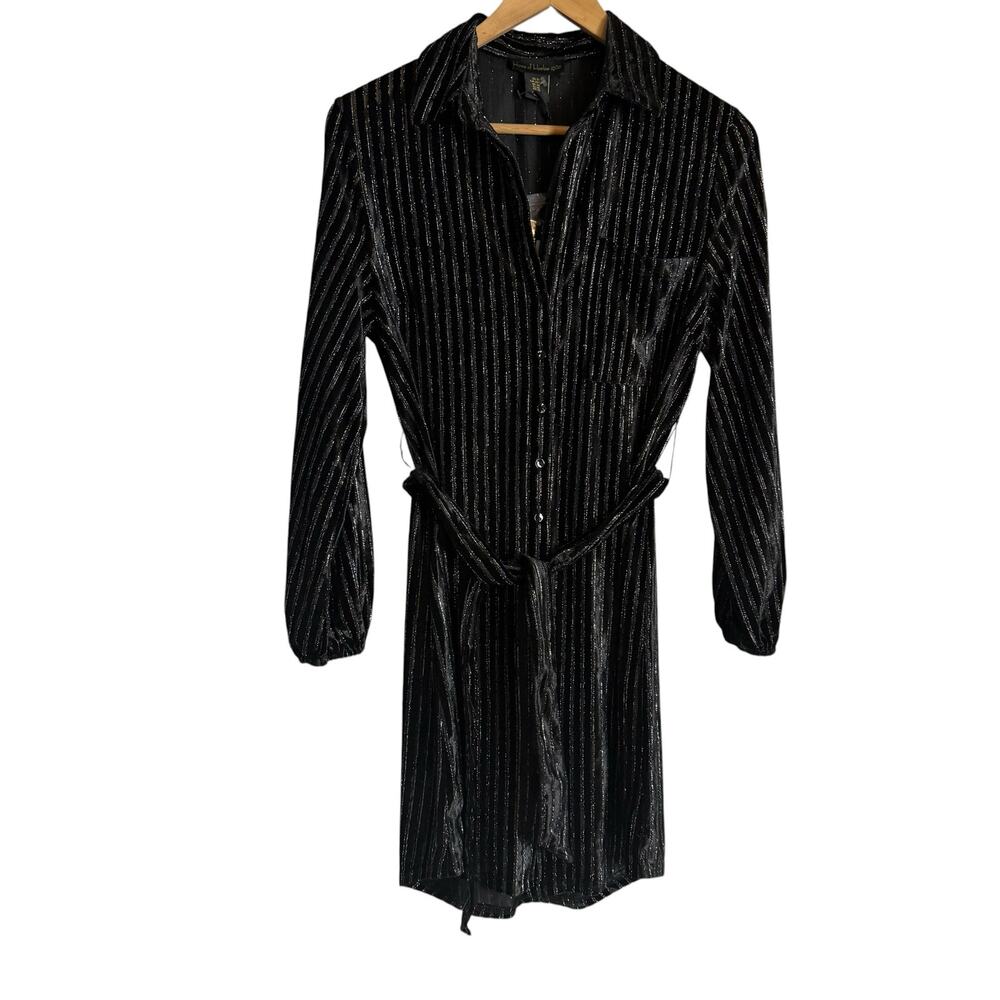 House of Harlow 1960 Black Metallic Velvet Belted Button Long Sleeve Shirt Dress